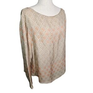 Vintage Finity Naturals 100% Silk Blouse with Cute Salmon and Cream Print.  2x